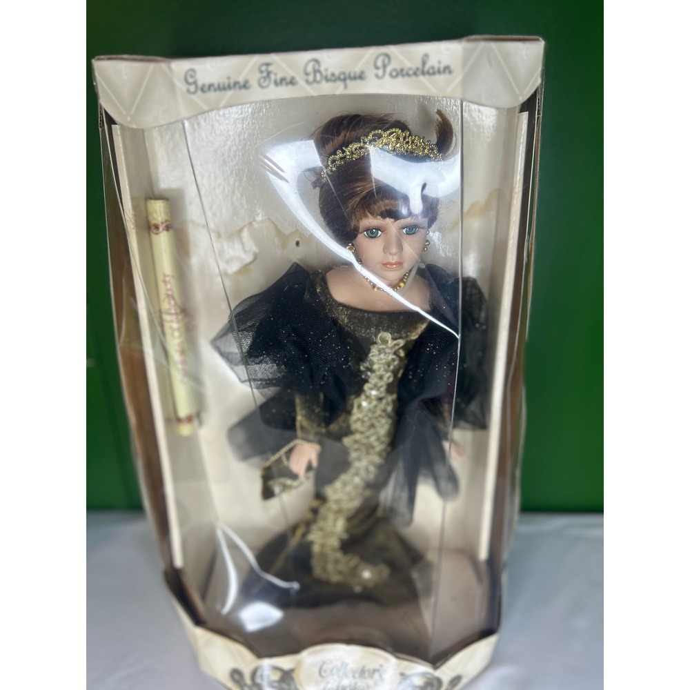 Collectors Choice Bisque Porcelain Doll Elite Edition Black Gold Gown Green Eyes